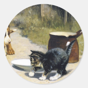 Pegatina Redonda Gatito con 2 cachorros pintura de época