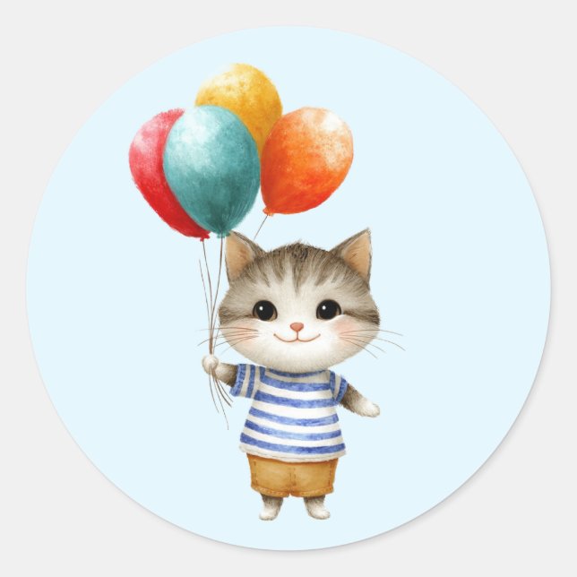 Pegatina Redonda Gatito con globos de cumpleaños | Córcega Fiesta (Anverso)
