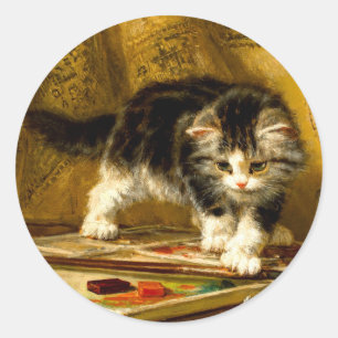 Pegatina Redonda Gatito con pintura y brochas
