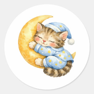 Pegatina Redonda Gatito de acuarela durmiendo en la luna creciente