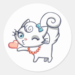 Pegatina Redonda Gatito de dibujos animados gatito blanco amor gato