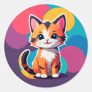 Pegatina Redonda Gatito de dibujos animados lindo