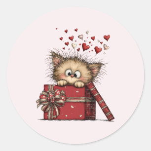 Pegatina Redonda Gatito de dibujos animados lindo en una caja con c