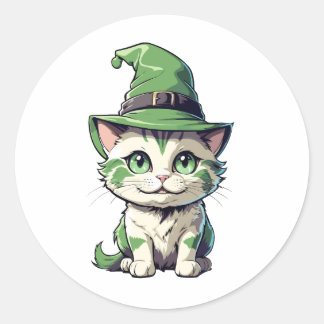 Pegatina Redonda Gatito de Halloween con gorra verde