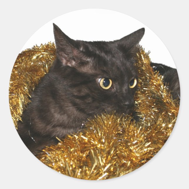 Pegatina Redonda Gatito de Navidades negros (Anverso)