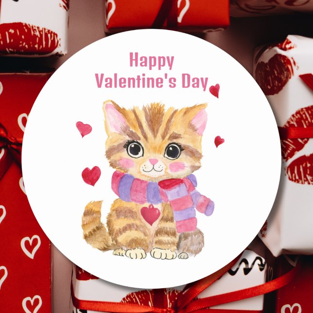 Pegatina Redonda Gatito de San Valentín acuarela (Subido por el creador)