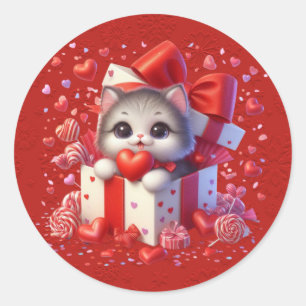 Pegatina Redonda Gatito De San Valentín Rojo En Una Cinta De Corazó