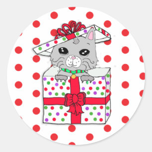 Pegatina Redonda Gatito dulce en caja de regalo de Navidades con pu