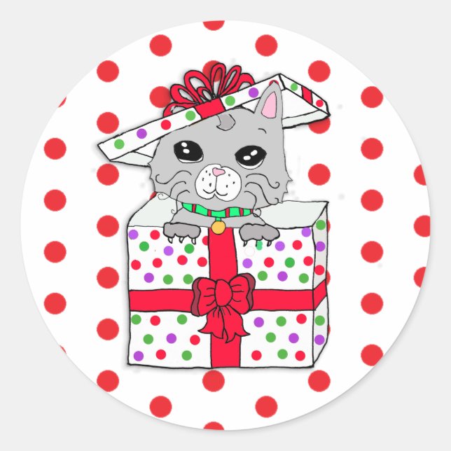 Pegatina Redonda Gatito dulce en caja de regalo de Navidades con pu (Anverso)