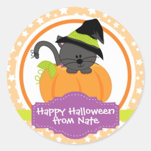 Pegatina Redonda Gatito dulce Halloween para niños personalizado