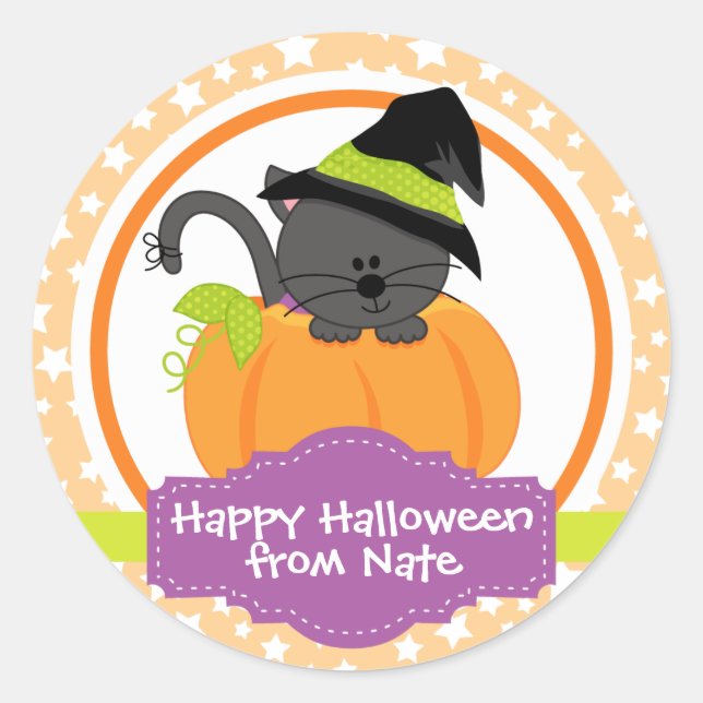 Pegatina Redonda Gatito dulce Halloween para niños personalizado (Anverso)