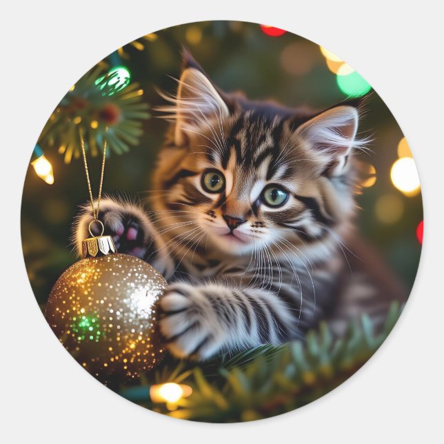 Pegatina Redonda Gatito en el árbol de Navidad   (Anverso)
