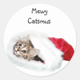 Pegatina Redonda Gatito en Santa Hat