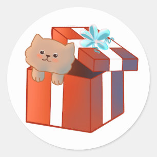 Pegatina Redonda gatito en una caja de regalo