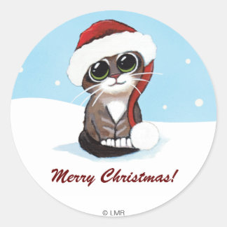 Pegatina Redonda Gatito festivo Feliz Navidad personalizado