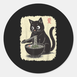 Pegatina Redonda Gatito gracioso comiendo Ramen japonés Kawaii Anim
