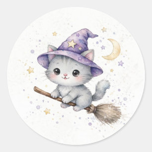 Pegatina Redonda Gatito gris bruja en escoba Halloween