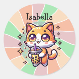 Pegatina Redonda Gatito kawaii con té de burbuja personalizado
