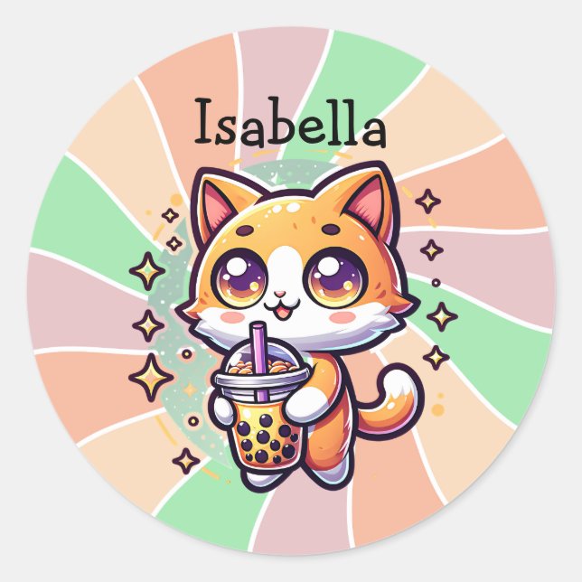 Pegatina Redonda Gatito kawaii con té de burbuja personalizado (Anverso)