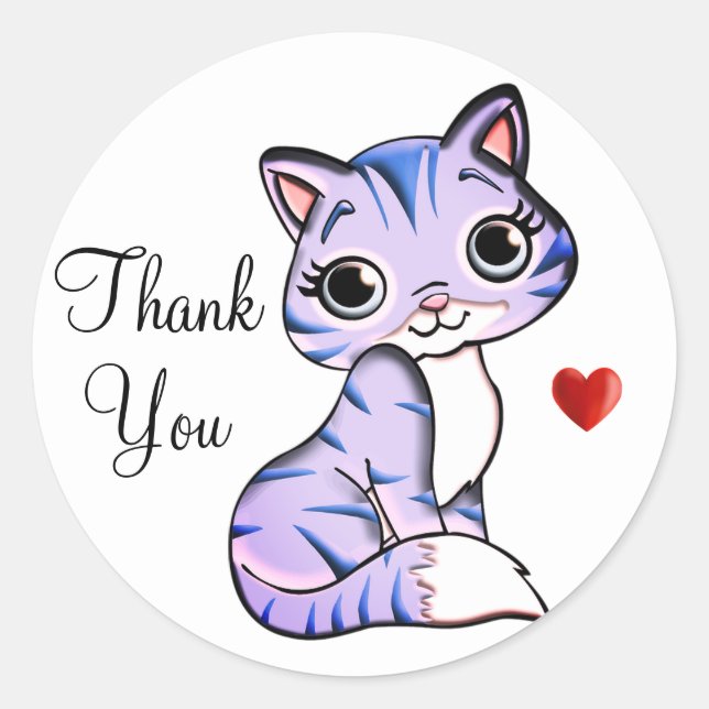 Pegatina Redonda Gatito lindo con corazón Gracias a Clásico Ronda (Anverso)
