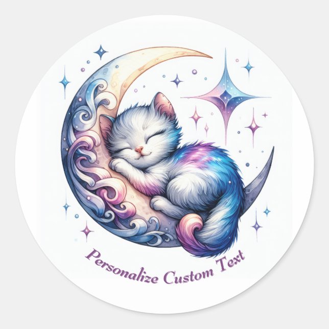 Pegatina Redonda Gatito lindo y personalizado durmiendo en media lu (Anverso)