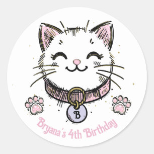 Pegatina Redonda Gatito Minino Rosa Purpura Dorado Fiesta de Cumple