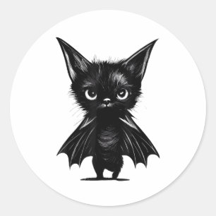 Pegatina Redonda Gatito Negro Grumpy De Halloween Con Traje De Bate