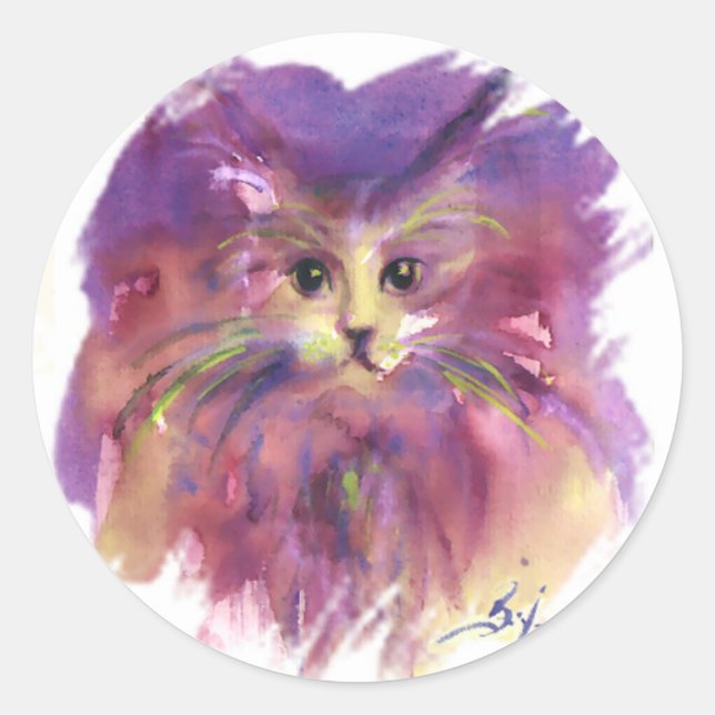 PEGATINA REDONDA GATITO PURPURA, RETRATO DE GATO (Anverso)
