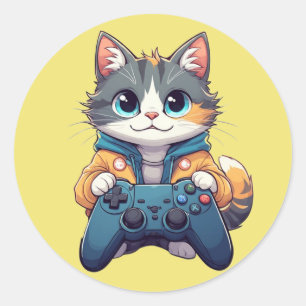 Pegatina Redonda Gatito sosteniendo un control de juego sonriendo G