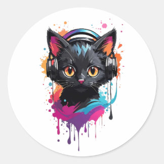 Pegatina Redonda Gatito usando auriculares