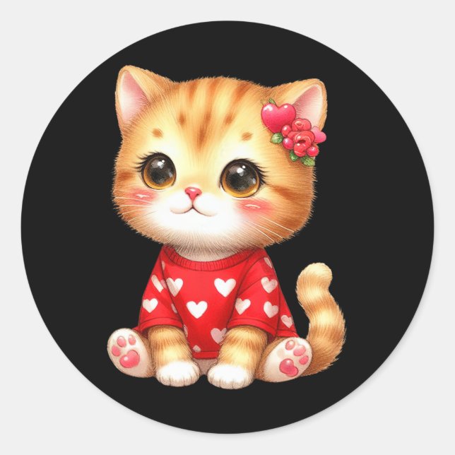 Pegatina Redonda Gatito Valentine Gato Con Corazón (Anverso)