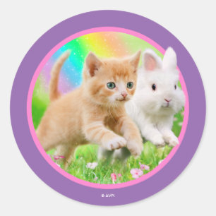 Pegatina Redonda Gatito y conejo con arcoiris