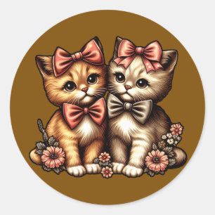 Pegatina Redonda Gatitos Adorables De Bow-Tied