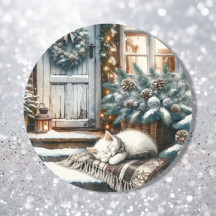 Pegatina Redonda Gatitos dormidos en festivos Navidades de porche d