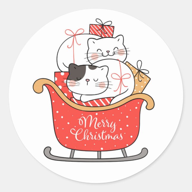Pegatina Redonda Gatitos Feliz Navidad en Trineo (Anverso)