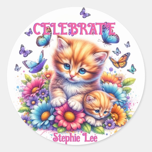 Pegatina Redonda Gatitos, mariposas y flores (Anverso)