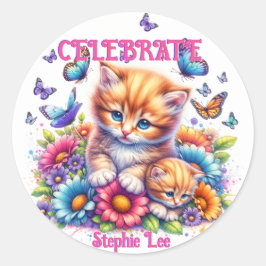 Pegatina Redonda Gatitos, mariposas y flores