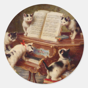 Pegatina Redonda Gatitos y piano