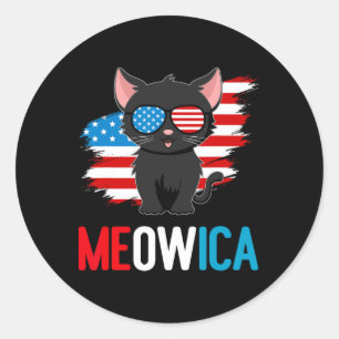 Pegatina Redonda Gato 4 De Julio Meowica Patriótica Kitten Estadoun
