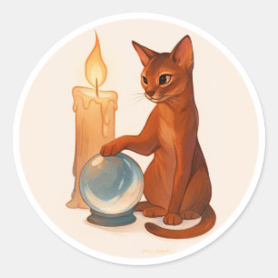 Pegatina Redonda gato abisinio con bola de cristal de plata
