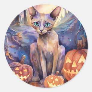 Pegatina Redonda Gato Abisinio de Halloween con Calabazas Espeluzna
