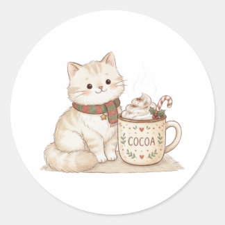 Pegatina Redonda Gato Acogedor y Chocolate Caliente Navideño Sticke