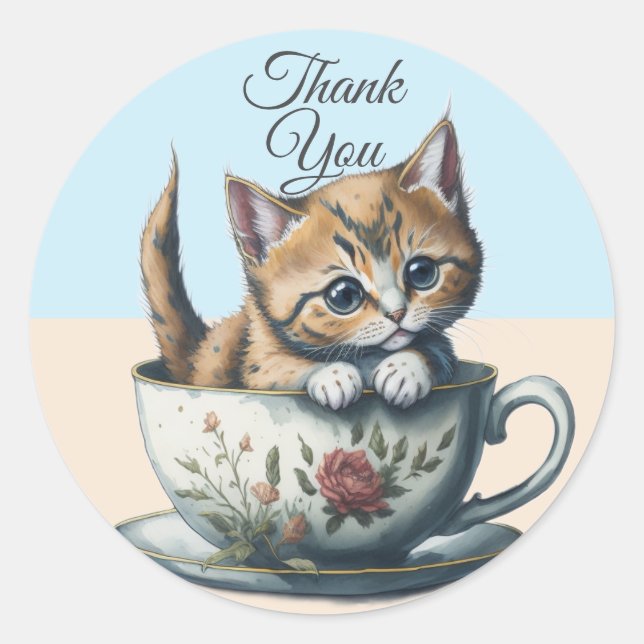 Pegatina Redonda Gato acuarela o gatito en una taza de té gracias (Anverso)