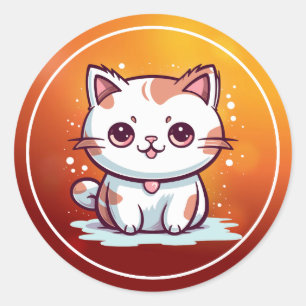 Pegatina Redonda Gato adorable al estilo Kawaii Clipart