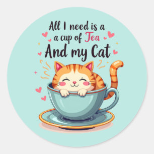 Pegatina Redonda Gato Adorable en Taza de Té Arte Kawaii Acogedor