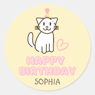 Pegatina Redonda Gato adorable en un Gorra de cumpleaños