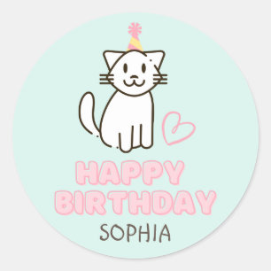 Pegatina Redonda Gato adorable en un Gorra de cumpleaños