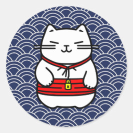 Pegatina Redonda Gato afortunado japonés o Maneki-Neko