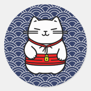 Pegatina Redonda Gato afortunado japonés o Maneki-Neko
