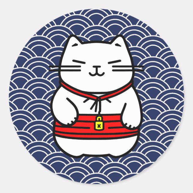 Pegatina Redonda Gato afortunado japonés o Maneki-Neko (Anverso)